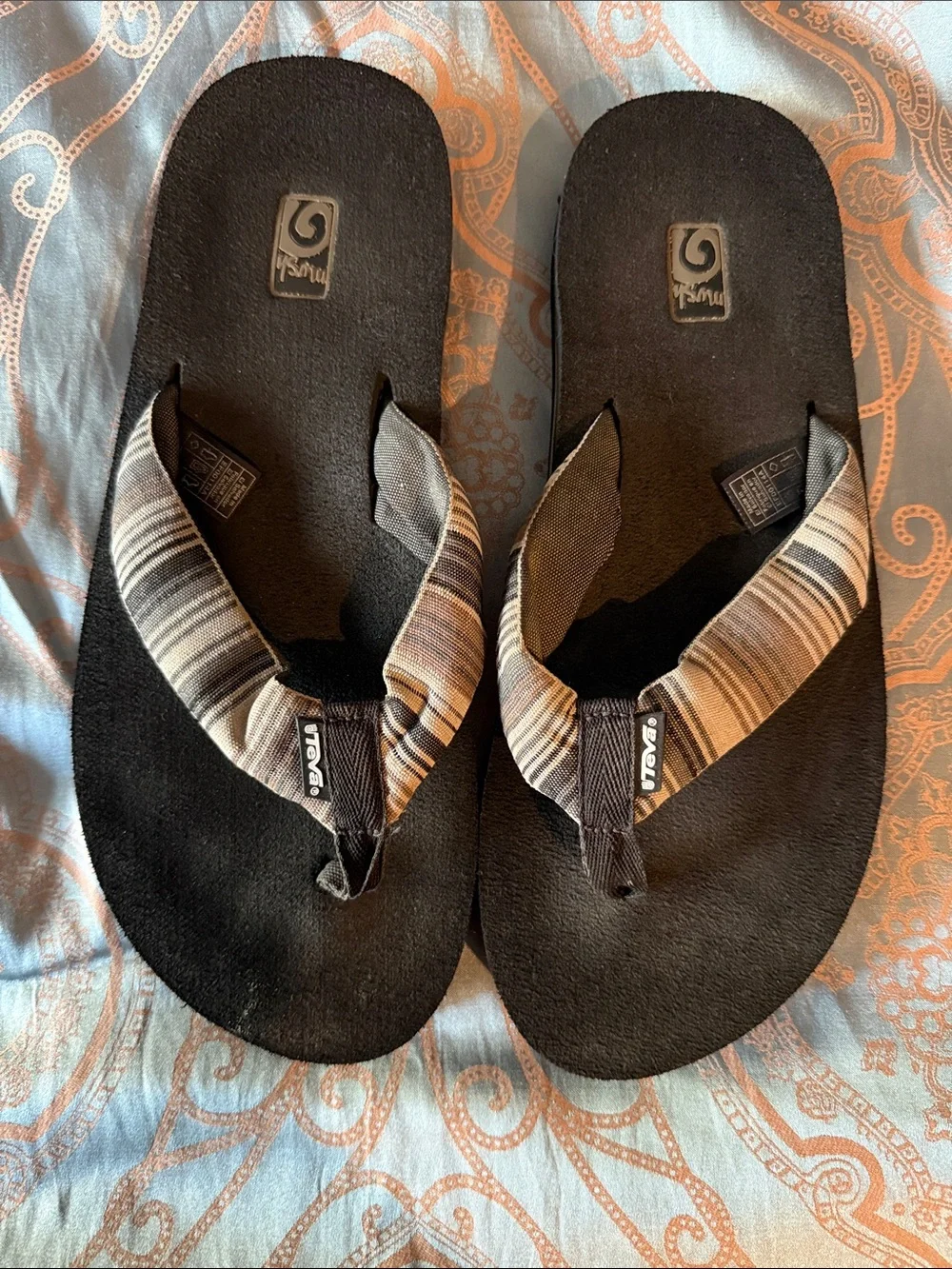Teva Black Sandals with Brown Striped Fabric Straps